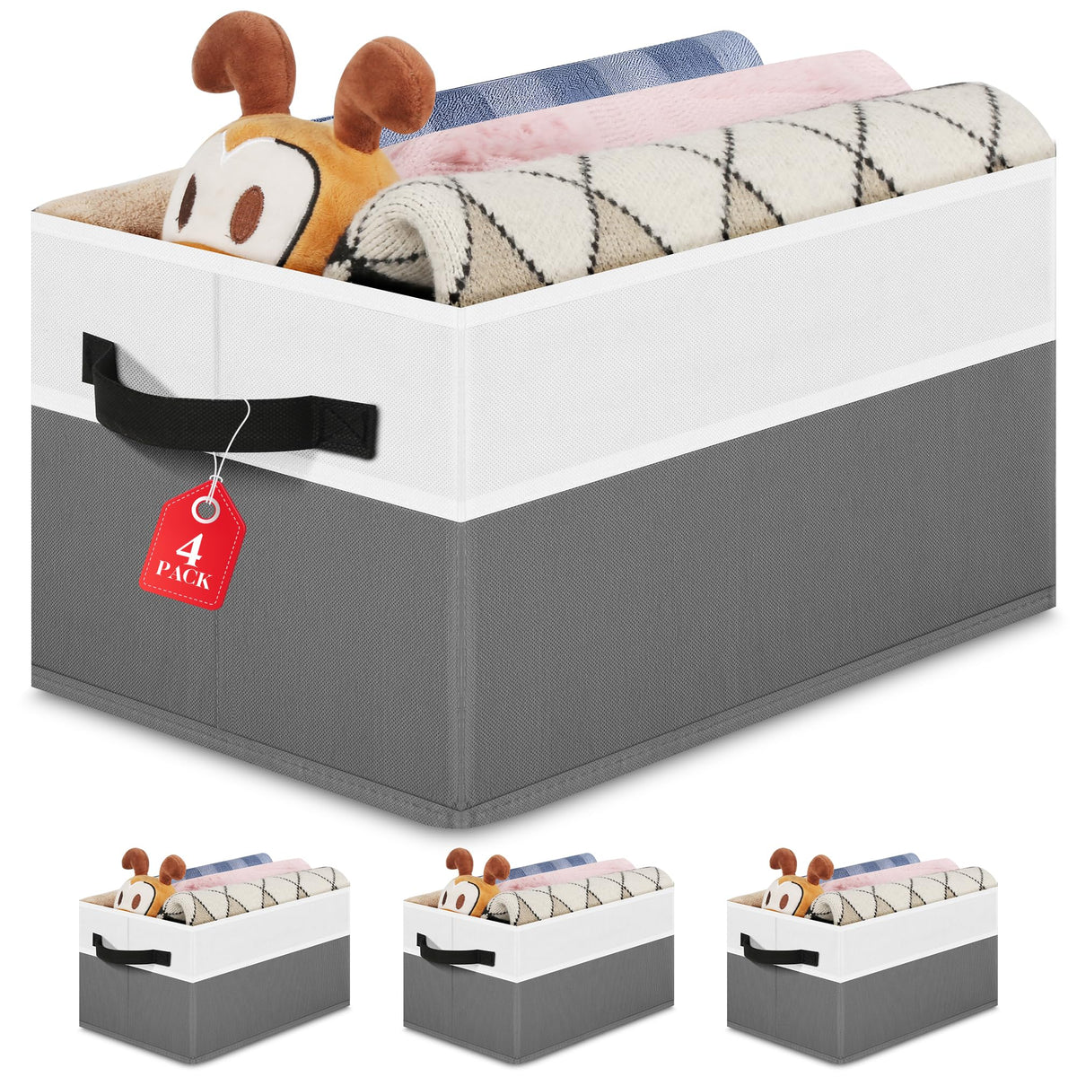 Large Shelf Storage Bins 4 Pack,Grey Collapsible Baskets