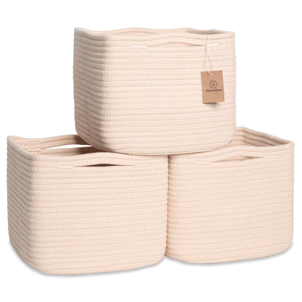 NaturalCozy Storage Cubes 9”x9”x7”Cotton Rope Woven Baskets for Organizing 3-Pack | 9 Inch Cube Storage Bin | Small Basket for Shelf Nursery, Pantry, Decorative Plant, Bathroom Closet, Toy Gift