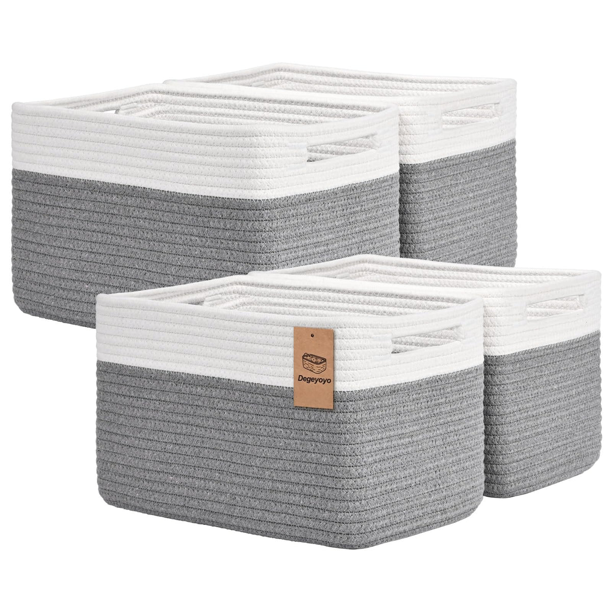 Storage Baskets for Organizing, 4 Pack Baskets for Shelves, Decorative Storage Bins for Shelves, Cotton Rope Storage Basket with Handles, Woven Basket for Storage, 13''Lx8.7''Wx7.9''H, White & Brown