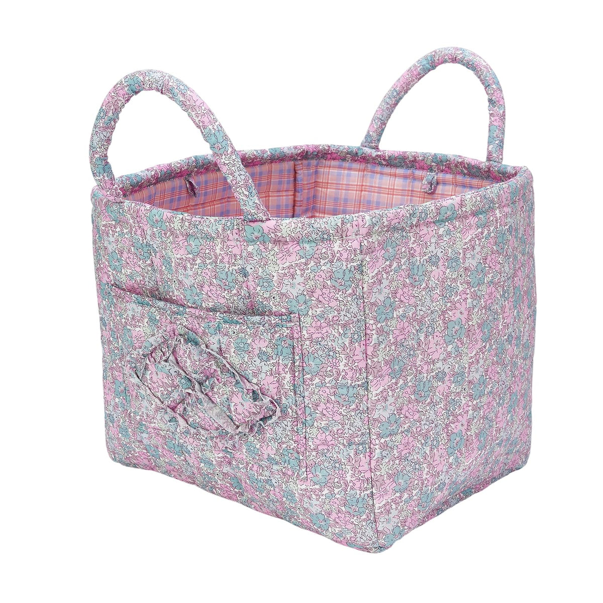 Boho Fabric Storage Basket Quilted Floral Print Baskets Organizer Bin with Handles for Home, Picnic, Shopping (Green, L)