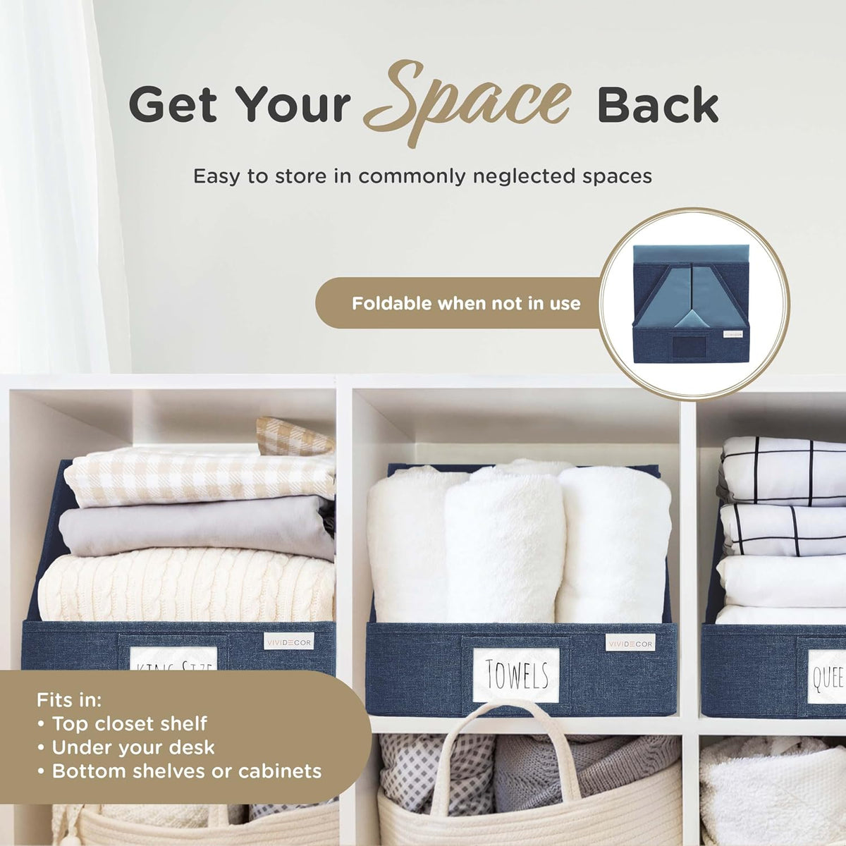 VIVIDECOR Open Front Trapezoid Closet Bins, Closet Storage Organizer for Shelves, Navy Blue