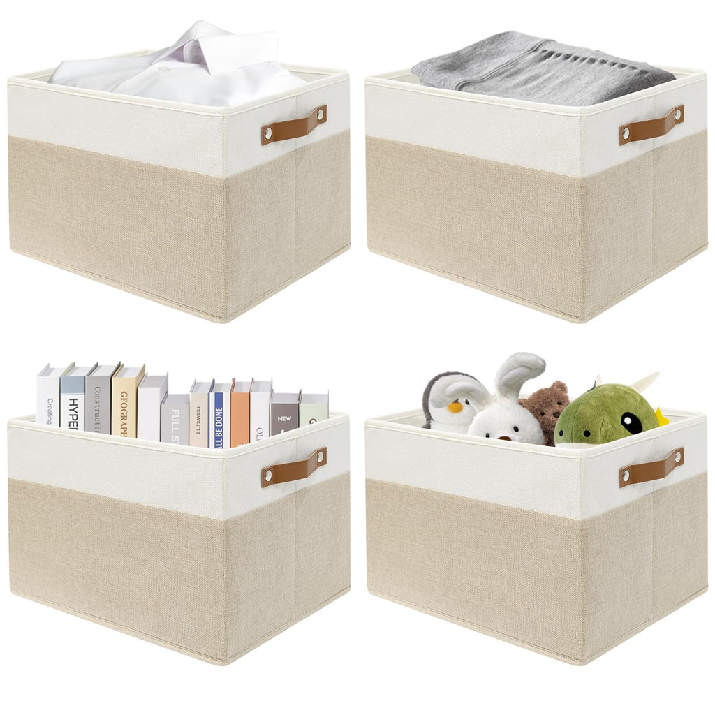SNWDN 6 Pack Collapsible Fabric Storage Baskets with Handles (White/Beige 15''Lx10.2''Wx9''H)
