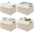 SNWDN 6 Pack Collapsible Fabric Storage Baskets with Handles (White/Beige 15''Lx10.2''Wx9''H)