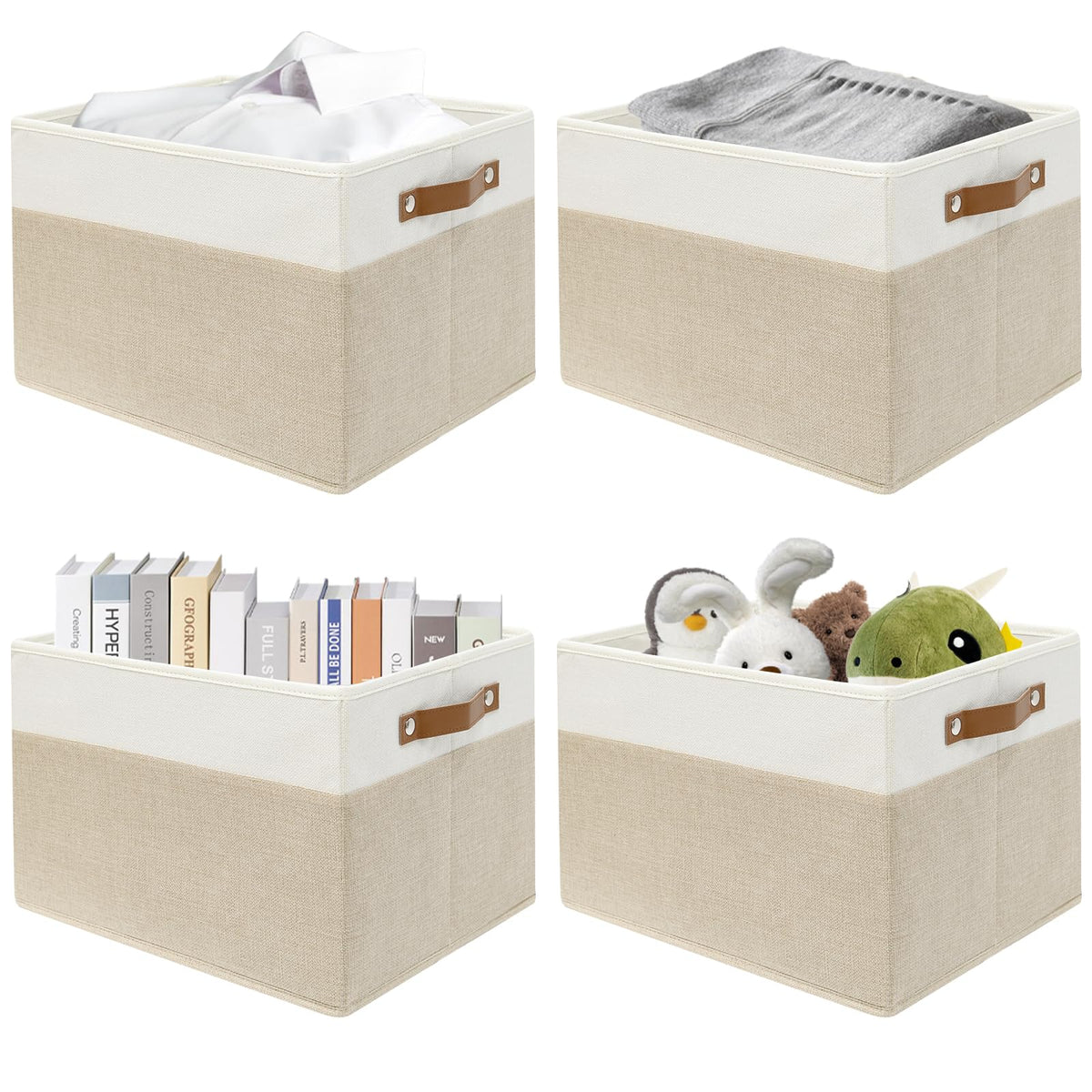 SNWDN 6 Pack Collapsible Fabric Storage Baskets with Handles (White/Beige 15''Lx10.2''Wx9''H)