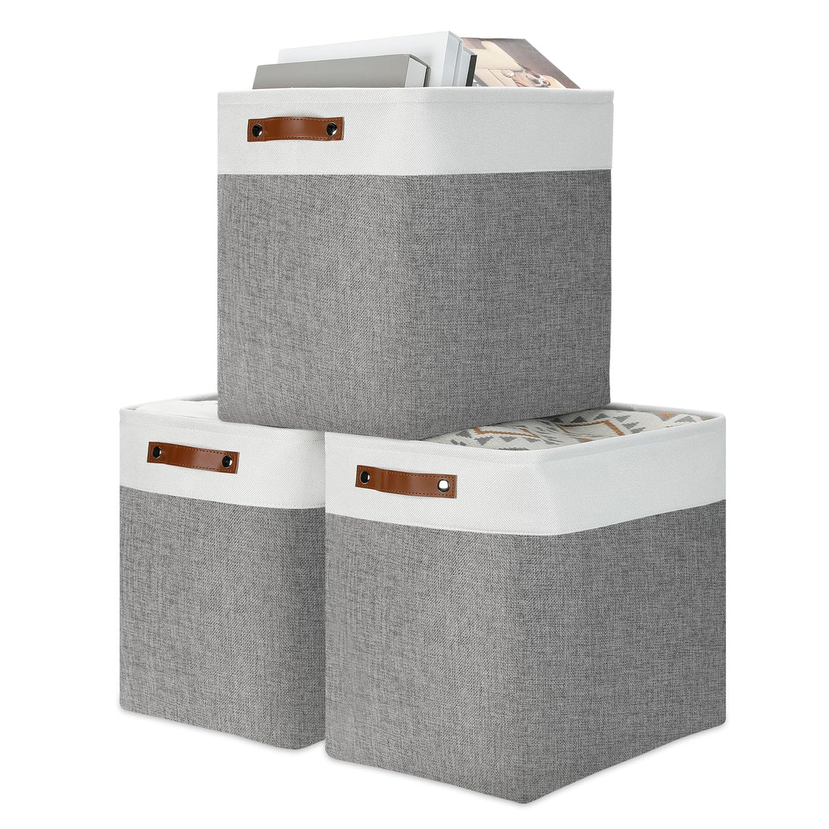 DULLEMELO Fabric Storage Bins for Laundry, Home, Foldable Storage Baskets for Shelves, Toys, Collapsible Storage Bins for Office, Closet,Bedroom(White&Khaki,L-15"x11"x9.5",4-Pack)