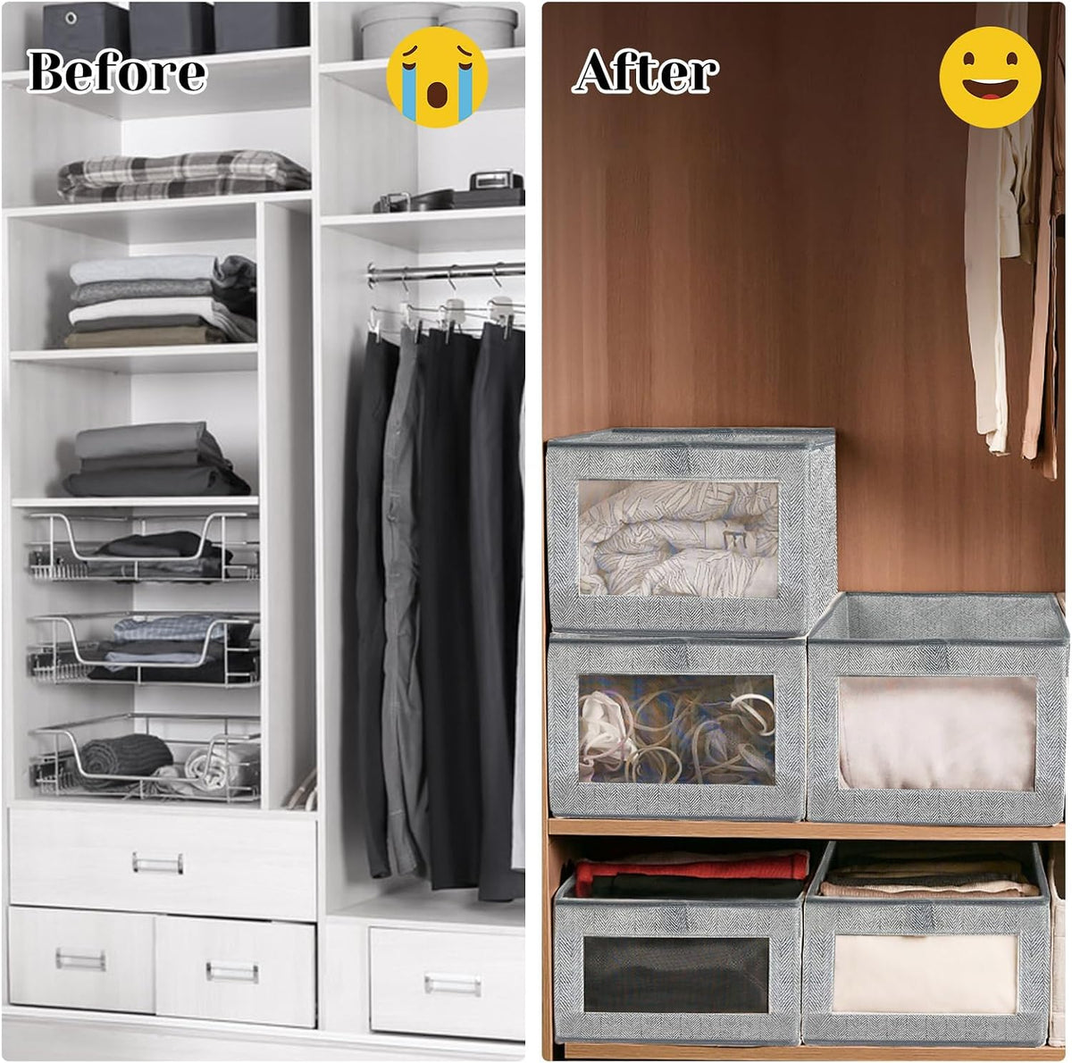 6 Pieces Linen Closet Storage Bins with Clear Window, Shelf Basket Closet Clothes Organizer Storage Containers for Organizing Shelves Wardrobe Office Clothing Books