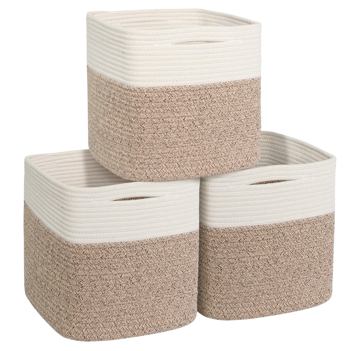 11x11 Cube Storage Bin - 3 Pack Woven Storage Cubes Organizer, 11 Inch Cotton Rope Baskets for Organizing, Square Baskets for Shelves, Baby Nursery Closet Bins, Cubby Toy Box Organizer