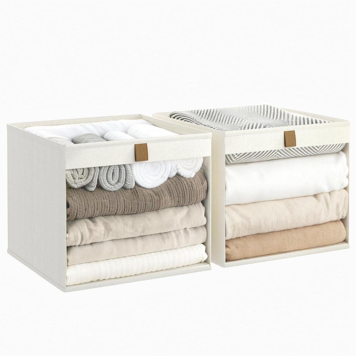 Linen Closet Organizers and Storage, Closet Storage Bins Basket Organizer, Foldable Organization Baskets with Mesh Window for Clothes Towels and Toys, 12.75" x 12.75" x 9", Beige, 4 pack