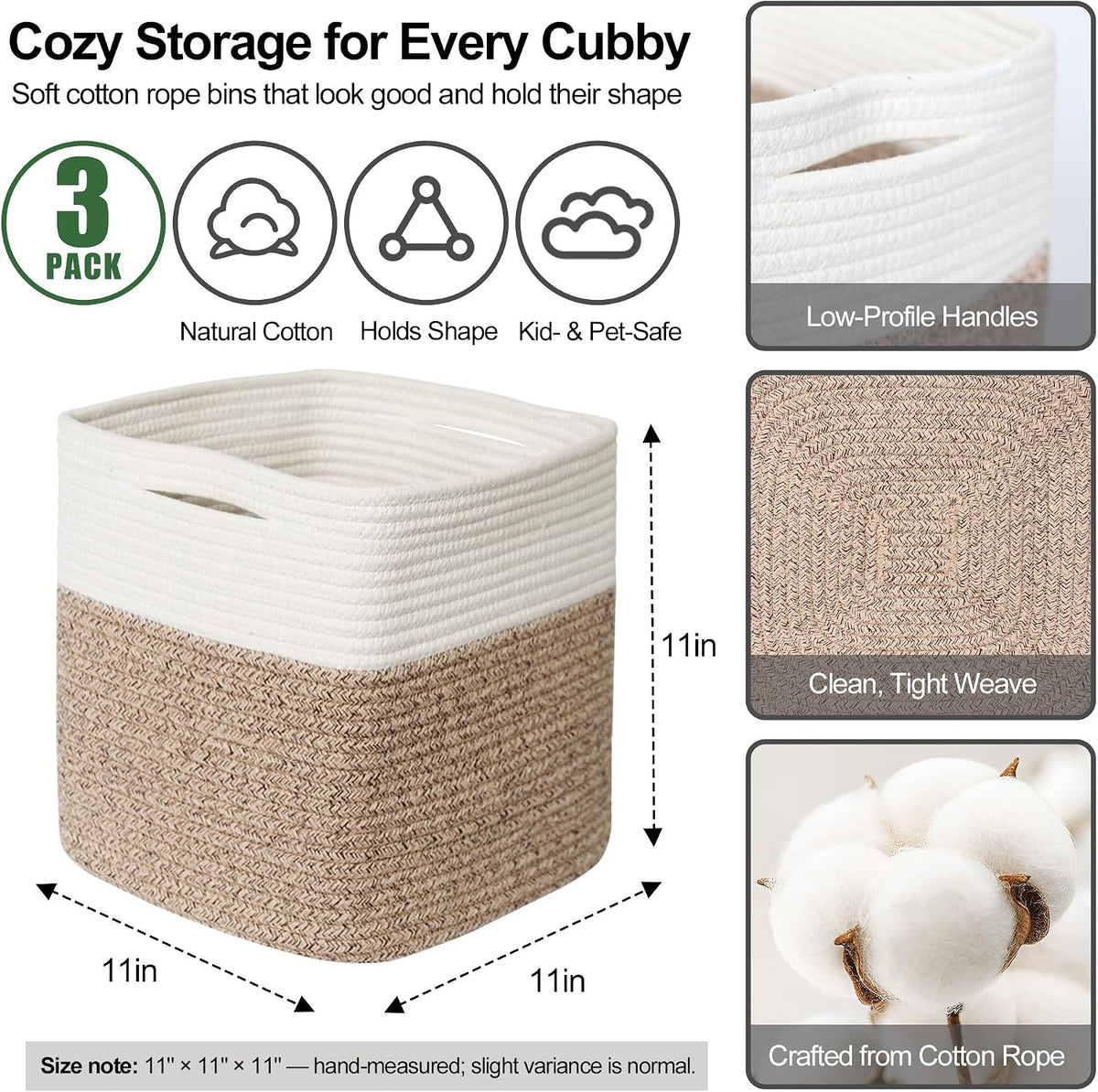 11x11 Cube Storage Bin - 3 Pack Woven Storage Cubes Organizer, 11 Inch Cotton Rope Baskets for Organizing, Square Baskets for Shelves, Baby Nursery Closet Bins, Cubby Toy Box Organizer