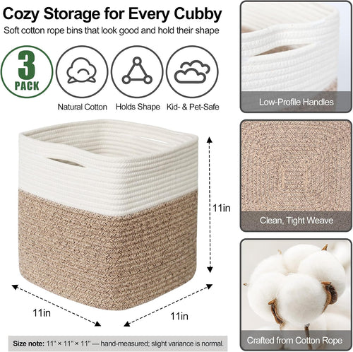 11x11 Cube Storage Bin - 3 Pack Woven Storage Cubes Organizer, 11 Inch Cotton Rope Baskets for Organizing, Square Baskets for Shelves, Baby Nursery Closet Bins, Cubby Toy Box Organizer