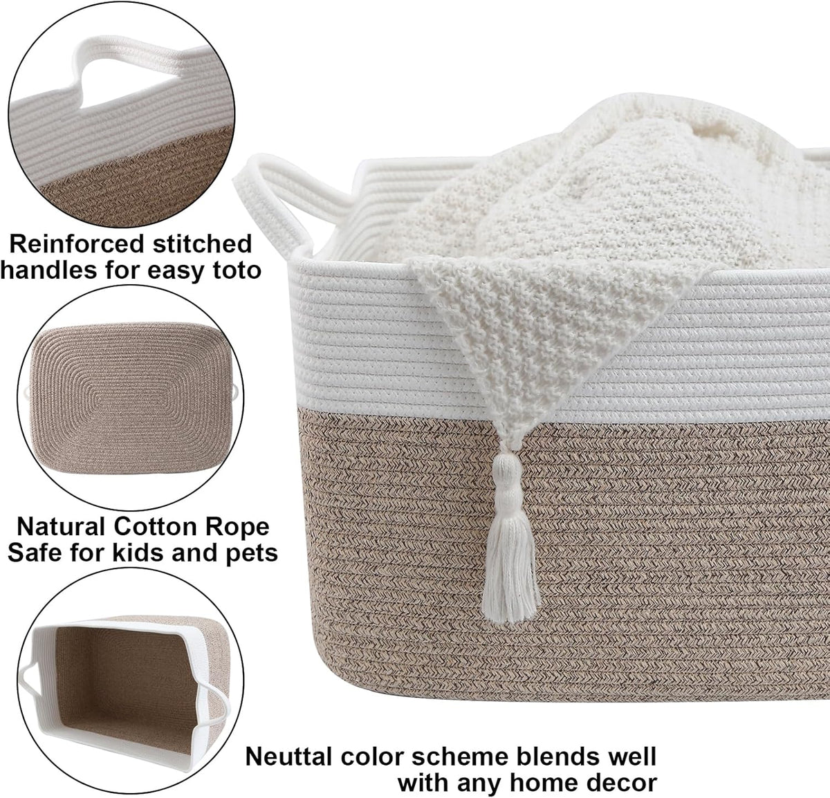 65L Laundry Basket with Handles, Woven Blanket Basket, White/Brown