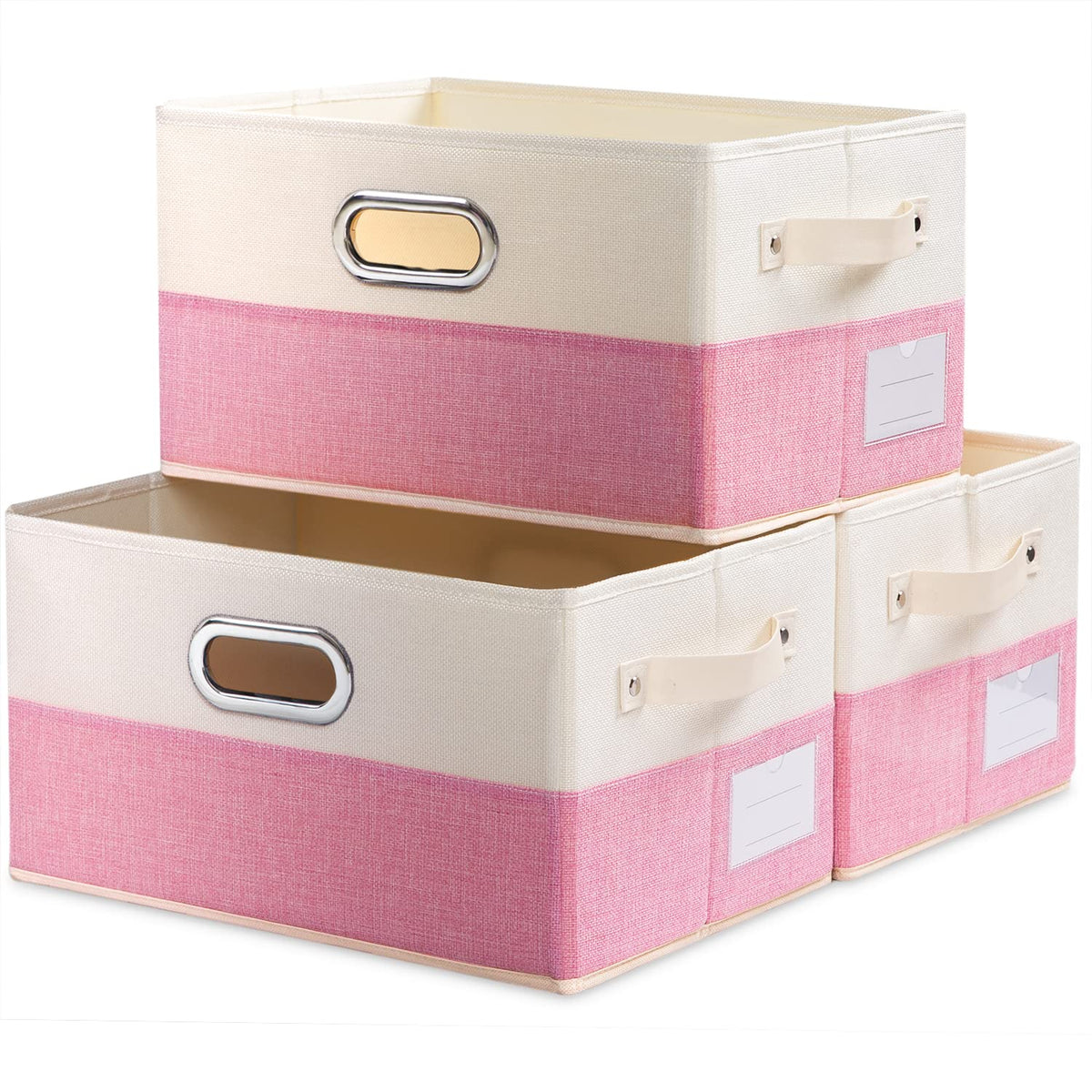 PRANDOM Large Foldable Storage Bins for Shelves [3-pack] Decorative Linen Fabric Storage Baskets Cubes with Leather/Metal Handles for Closet Nursery Office Grey and Black Trim (14.9x9.8x8.3 Inch)