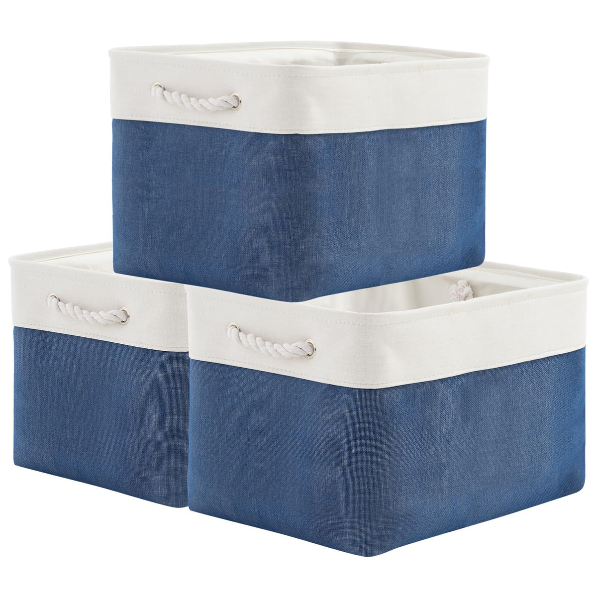 TheWarmHome Storage Basket for Organizing - Medium 3 Pack 14x10x7 inch Fabric Storage Cubes for Shelves with Rope, Collapsible Storage Bin for Organizer Closet Cloth Gift Toy (White & Jean Blue)