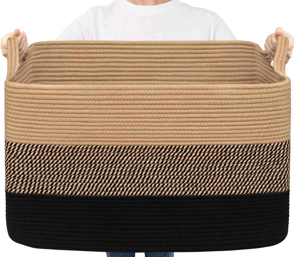 Goodpick Large Woven Rope Blanket Basket, Rectangle, White & Light Brown