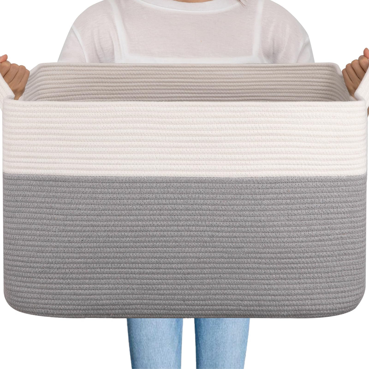 OIAHOMY Large Blanket Basket, 65L Cotton Rope Woven Laundry Basket, Toy Bin for Baby Room, Container for Blanket Storage in Living Room, 20''×16''×12'', Gradient Brown