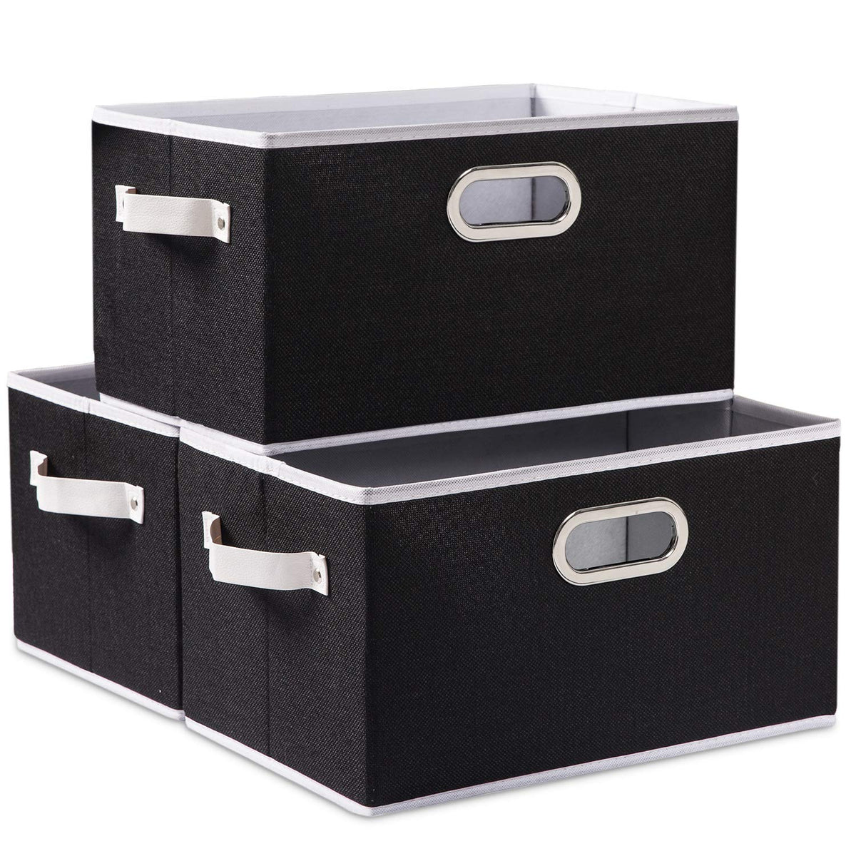 PRANDOM Large Foldable Storage Bins for Shelves [3-pack] Decorative Linen Fabric Storage Baskets Cubes with Leather/Metal Handles for Closet Nursery Office Grey and Black Trim (14.9x9.8x8.3 Inch)
