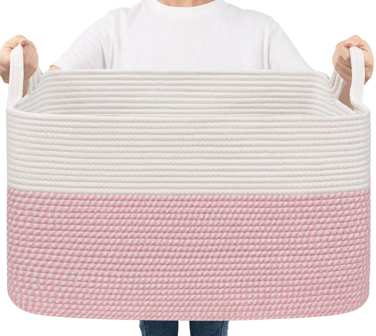 Goodpick Large Woven Rope Blanket Basket, Rectangle, White & Light Brown