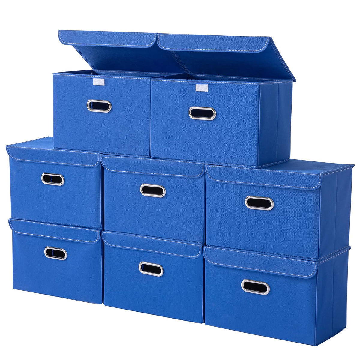 STOREONE Fabric Storage Cube Bins Foldable Organizer Container Collapsible Basket with Lids and Metal Handles, for Home, Bedroom, Closet 3 Pcs (Navy Blue)