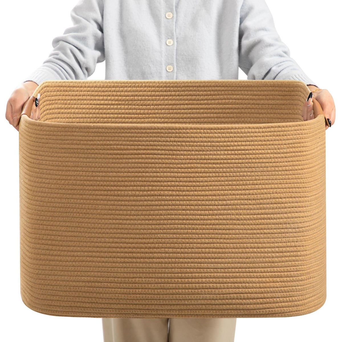 danpinera Blanket Basket, 72L Woven Storage basket with Leather Handle, Eco-friendly Decorative Storage Organization in Bathroom & Living Room for Towels 22 ''*17 ''*11.8 '', Gradient Brown