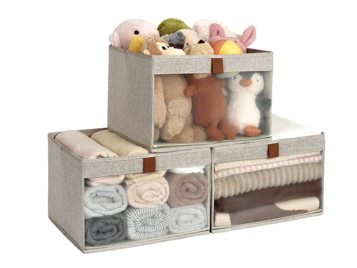 StorageWorks Fabric Storage Bins with Clear Window, Beige, 3-Pack