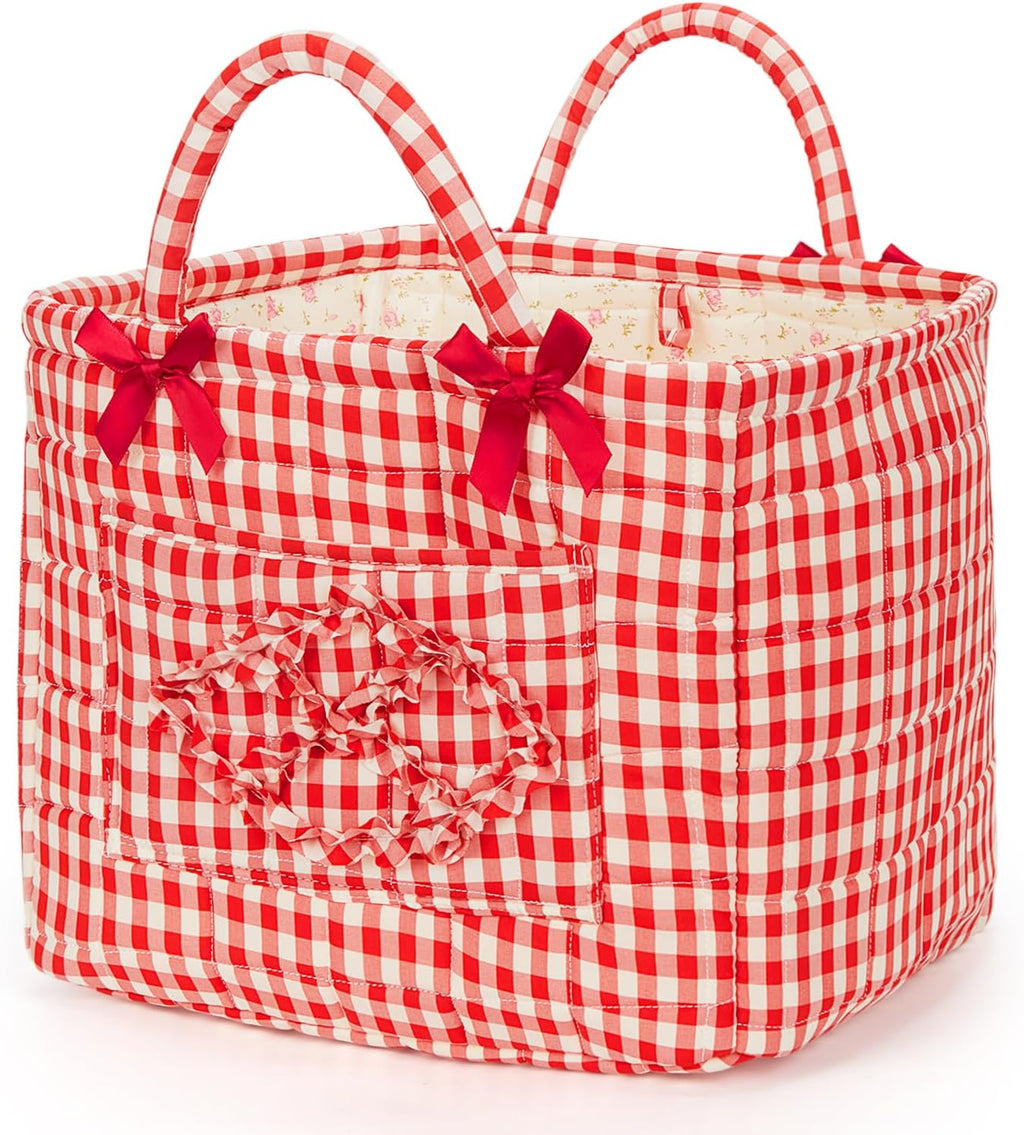 Floral Fabric Storage Basket Car Interior Storage Basket Underwear Sundries Laundry Baskets Supplies Home Organizer Bag (Red plaid)