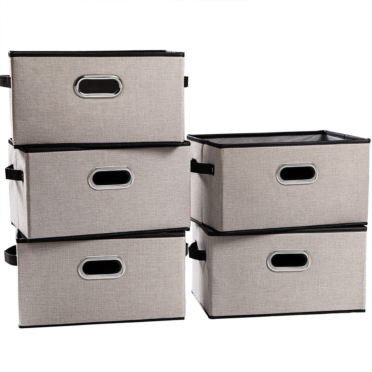 PRANDOM Large Foldable Storage Bins for Shelves [3-pack] Decorative Linen Fabric Storage Baskets Cubes with Leather/Metal Handles for Closet Nursery Office Grey and Black Trim (14.9x9.8x8.3 Inch)