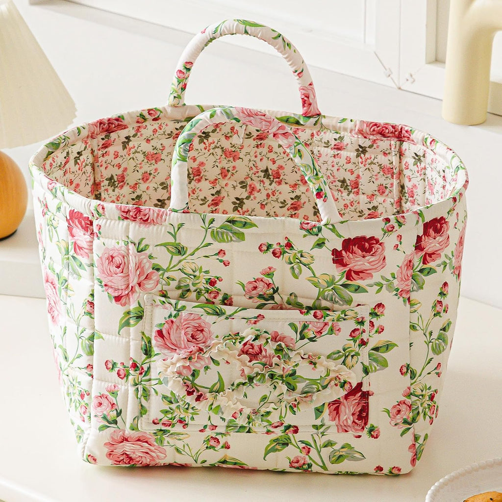 vctops 2 Pack Boho Fabric Quilted Storage Baskets for Organizing, Basket Organizer Gift Basket with Handles, Storage Bins for Toys, Books, Towels, and Clothes, Collapsible Fabric(Floral A)