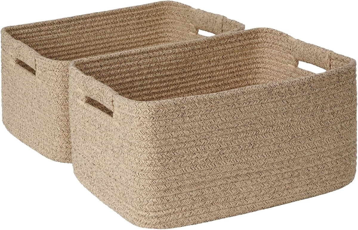 2 Pack Large Storage Basket for Organizing, 17.5"x13"x7" Woven Basket for Shelves, Closet Cube Storage Bins with Wrapped Handle, Cotton Rope Baskets for Kitchen, Clothes, Toys (Natural)