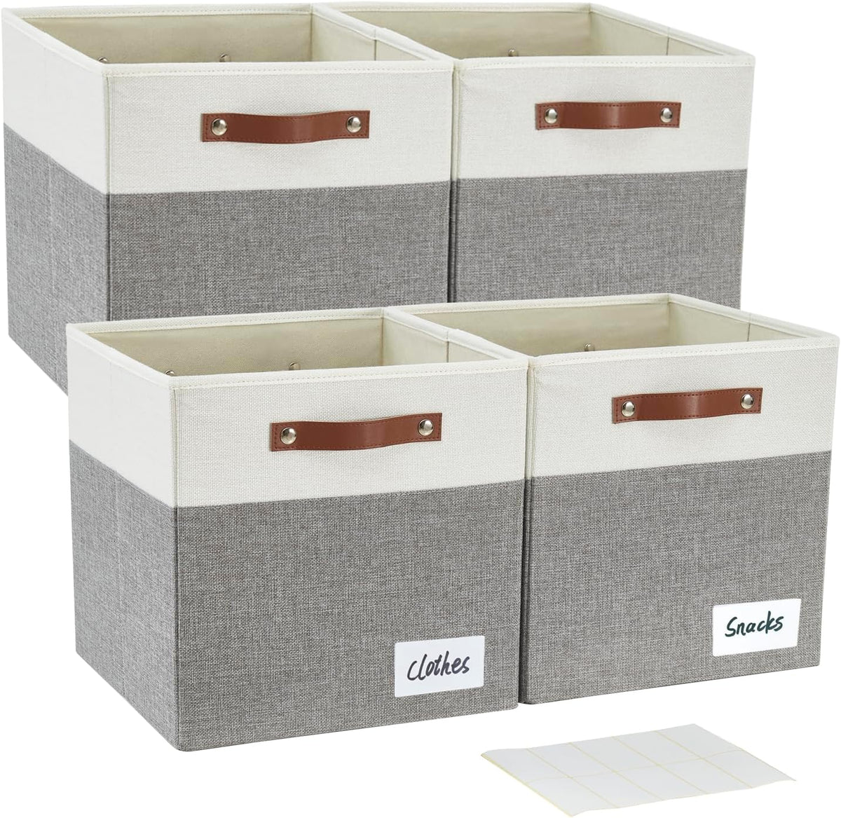 Bagnizer Collapsible Fabric Storage Cube Bins with 2 Reinforced PU Handles, Foldable Storage Organizer Baskets for Closet, Shelves, Living Room | 13"x13"x13", 4 Pack, Gray & White