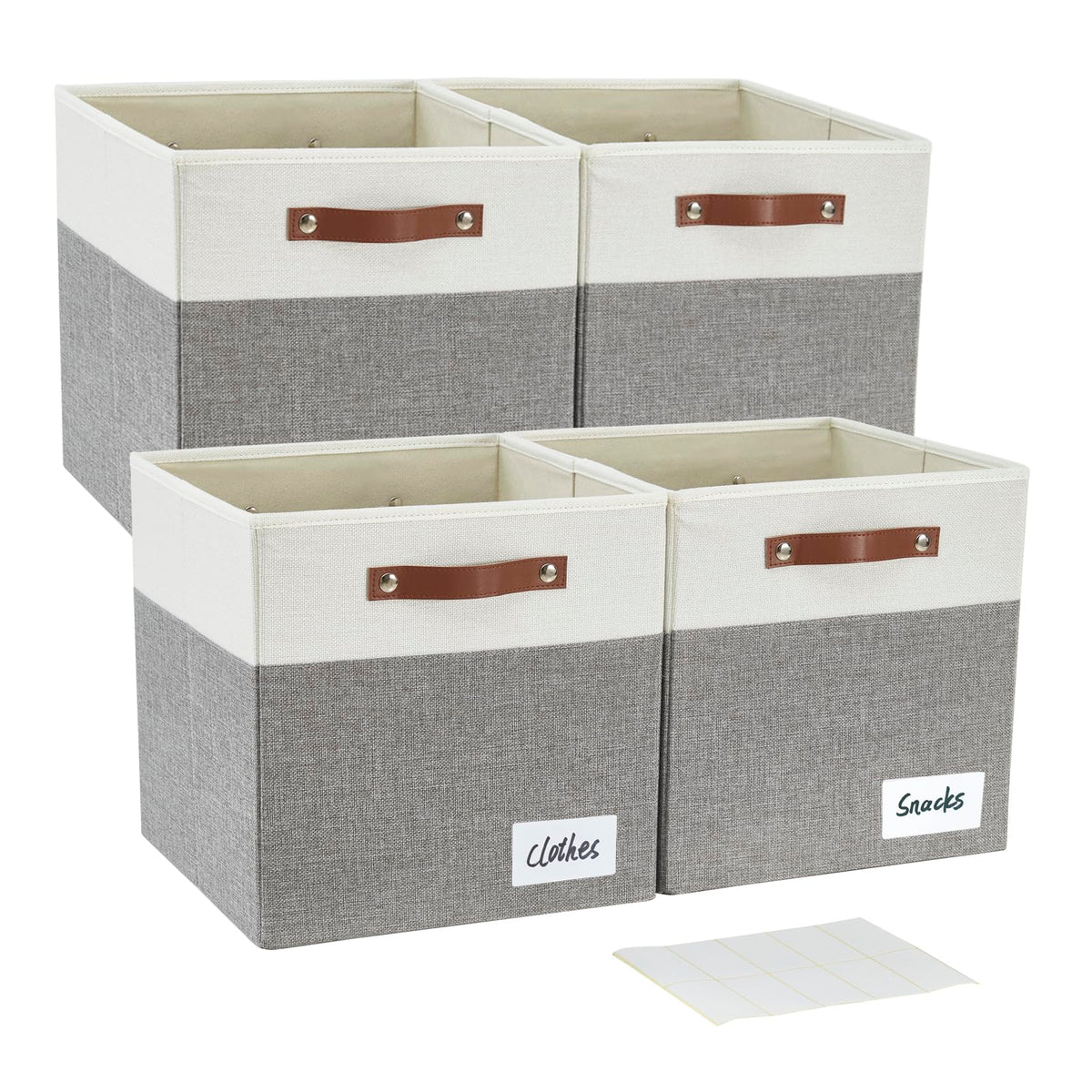 Bagnizer Collapsible Fabric Storage Cube Bins with 2 Reinforced PU Handles, Foldable Storage Organizer Baskets for Closet, Shelves, Living Room | 13"x13"x13", 4 Pack, Gray & White
