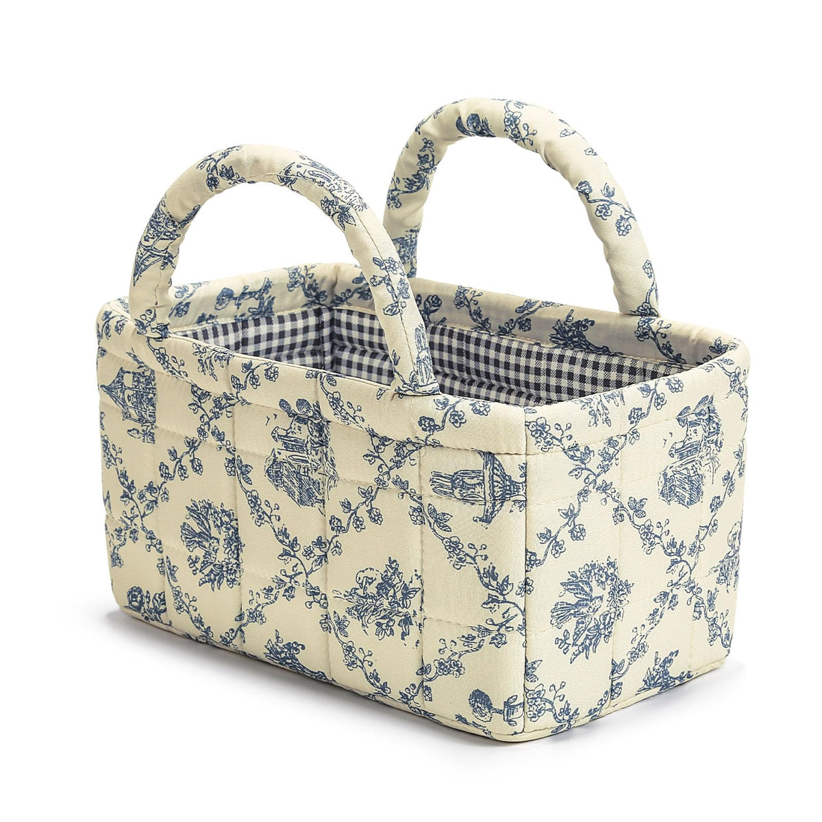 Small Storage Basket Organizer, Mini Fabric Floral Storage Baskets with Handle, Quilted Portable Collapsible Storage (Blue Floral)