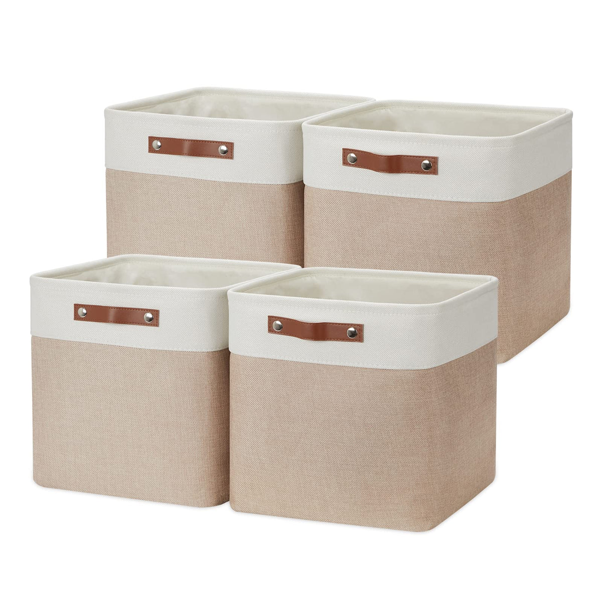 DULLEMELO Fabric Storage Bins for Laundry, Home, Foldable Storage Baskets for Shelves, Toys, Collapsible Storage Bins for Office, Closet,Bedroom(White&Khaki,L-15"x11"x9.5",4-Pack)