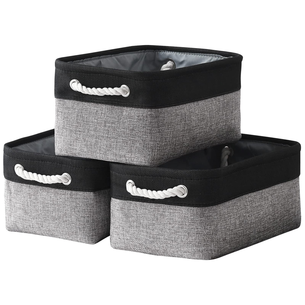 TheWarmHome Storage Basket for Organizing - Medium 3 Pack 14x10x7 inch Fabric Storage Cubes for Shelves with Rope, Collapsible Storage Bin for Organizer Closet Cloth Gift Toy (White & Jean Blue)