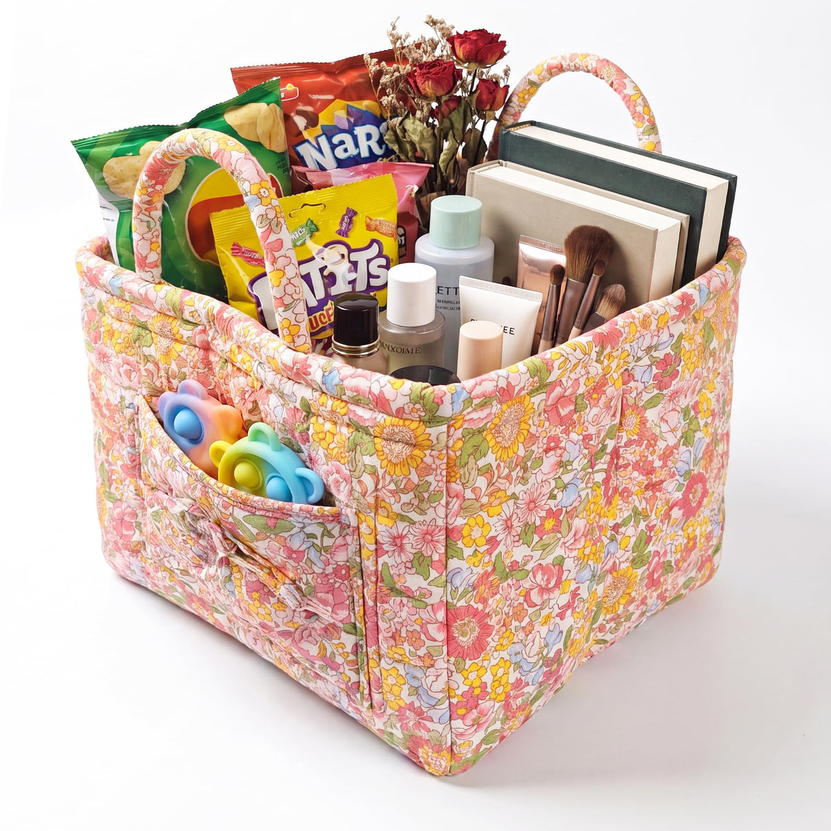 Quilted Laundry Basket with Handles, 1.2cm Thick Padded Fabric Car Storage Basket for Organizing Clothes, Boho Floral Collapsible Home Storage Hamper, 13x10x10.6 Inches (4 Color Options)