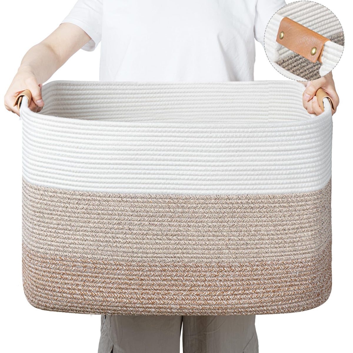 danpinera Blanket Basket, 72L Woven Storage basket with Leather Handle, Eco-friendly Decorative Storage Organization in Bathroom & Living Room for Towels 22 ''*17 ''*11.8 '', Gradient Brown