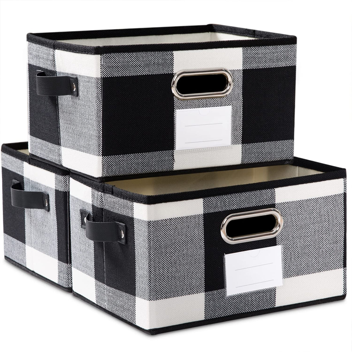 PRANDOM Large Foldable Storage Bins for Shelves [3-pack] Decorative Linen Fabric Storage Baskets Cubes with Leather/Metal Handles for Closet Nursery Office Grey and Black Trim (14.9x9.8x8.3 Inch)