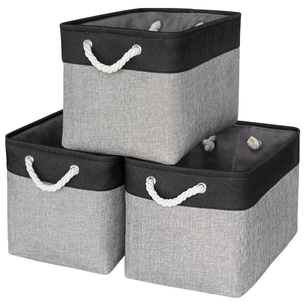 TheWarmHome Storage Basket for Organizing - Medium 3 Pack 14x10x7 inch Fabric Storage Cubes for Shelves with Rope, Collapsible Storage Bin for Organizer Closet Cloth Gift Toy (White & Jean Blue)