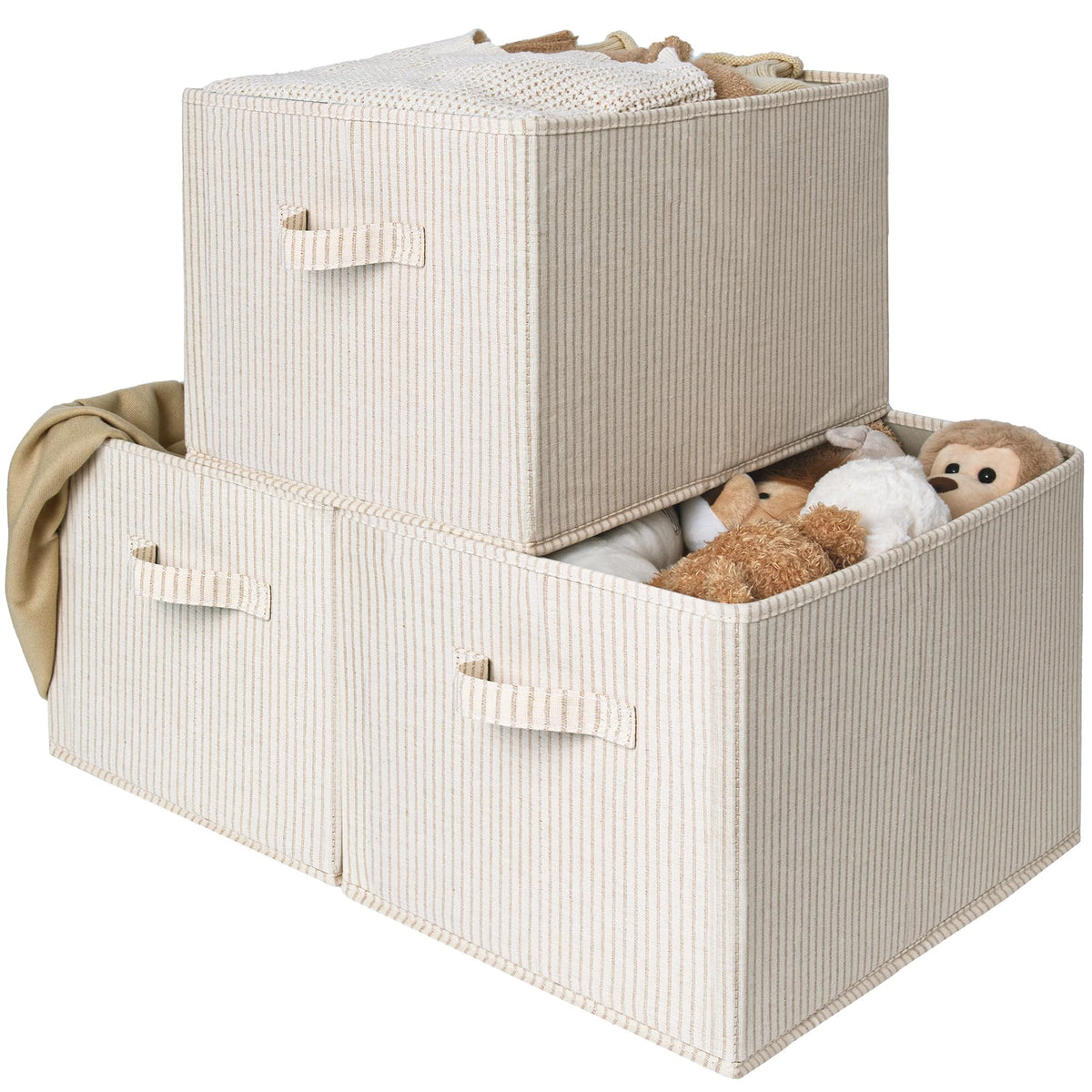 StorageWorks Shelf Organizer Bins, Beige Stripes, 3-Pack, Large