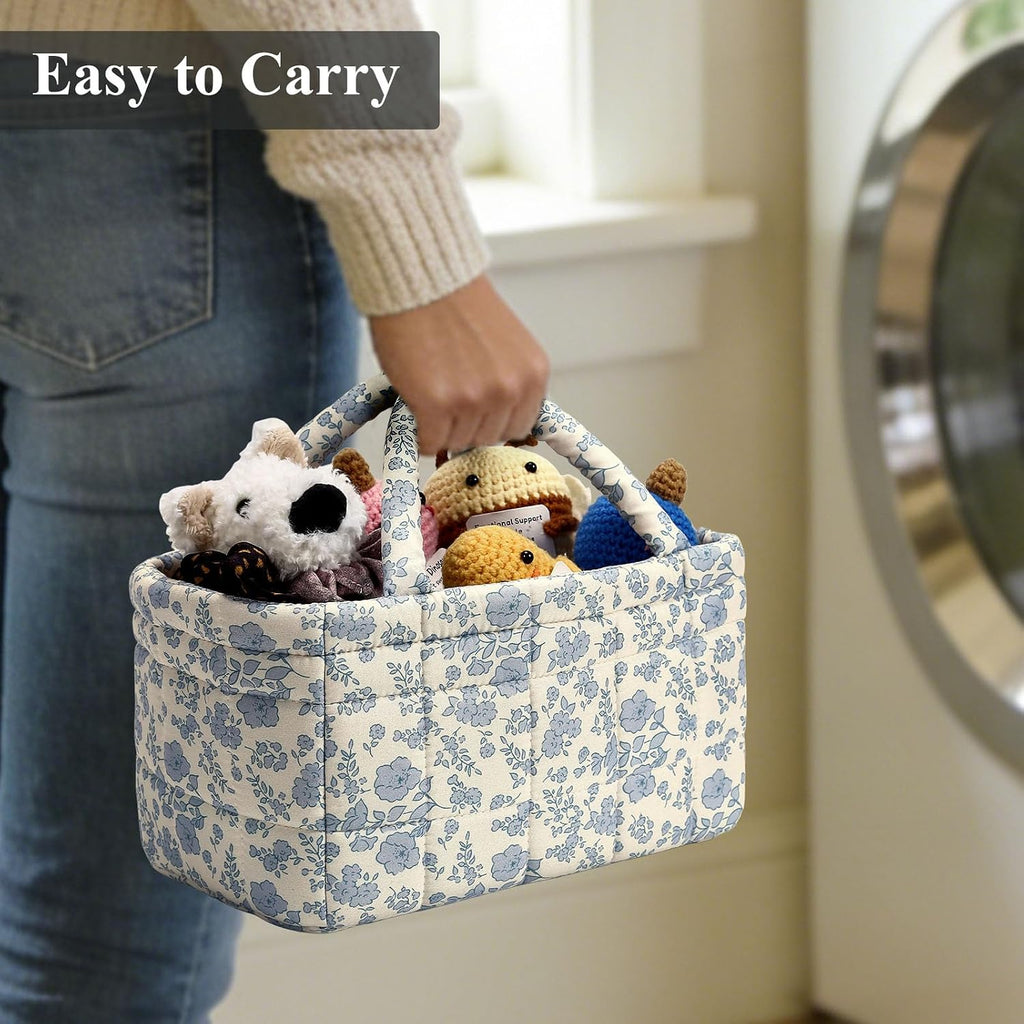 Small Storage Basket Organizer, Mini Fabric Floral Storage Baskets with Handle, Quilted Portable Collapsible Storage (Blue Floral)