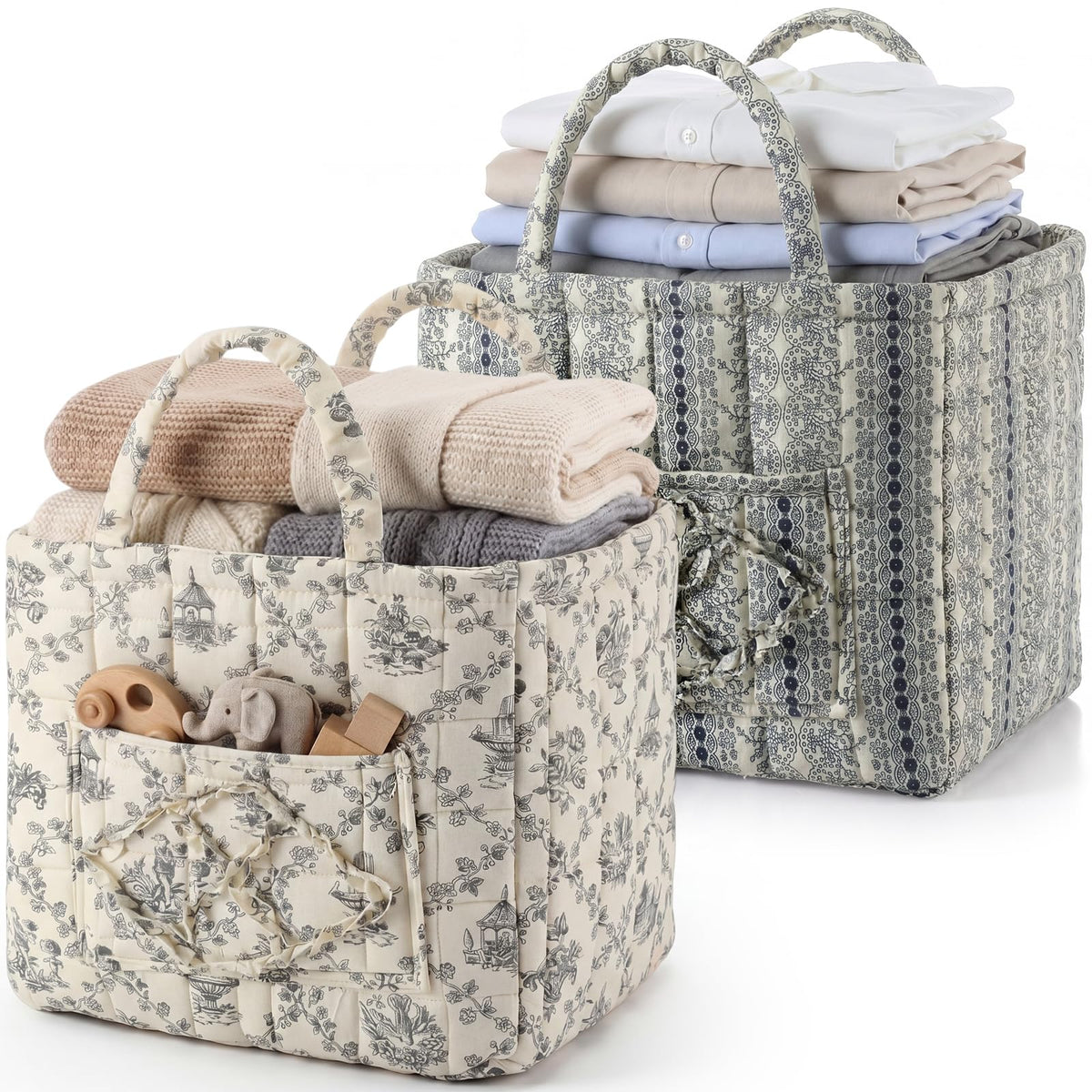 2 Pcs Boho Fabric Storage Basket, Blue & Pink Floral
