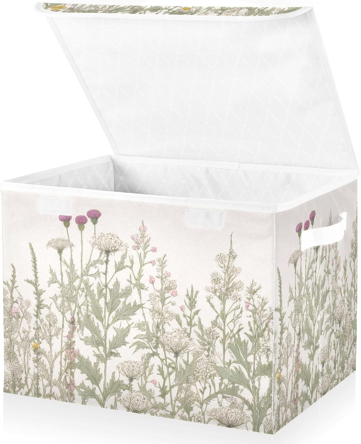 Vintage Colorful Herbs and Wild Flowers Floral Storage Bins with Lids and Carrying Handle,Foldable Storage Boxes Organizer Containers Baskets Cube with Cover for Home Bedroom Closet Office