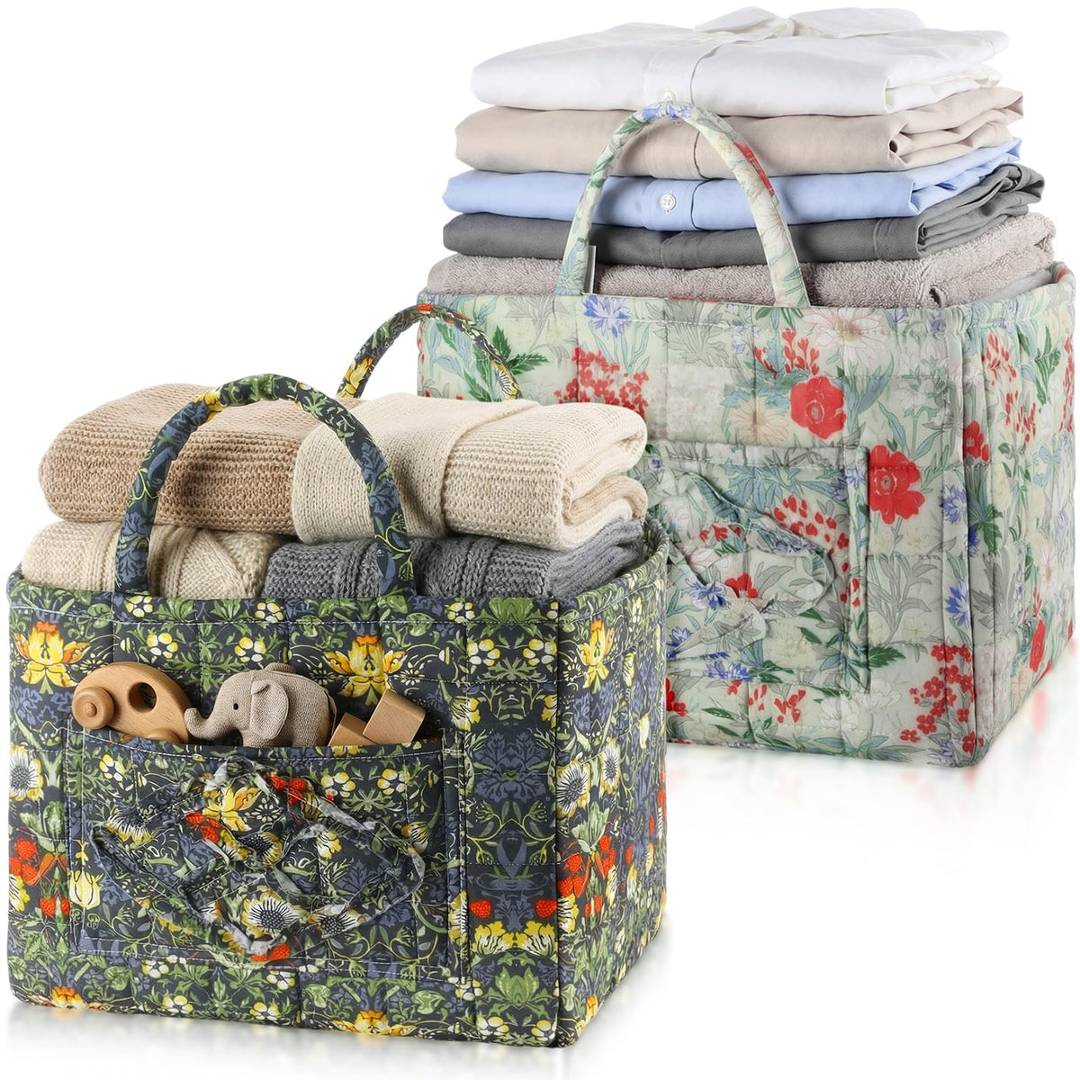 2 Pcs Boho Fabric Storage Basket, Blue & Pink Floral