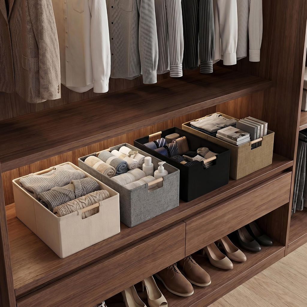 Foldable Fabric Storage Cubes, Cloth Storage Baskets with Wooden Handles, Shelf Closet Organizer Bins, Rectangular Linen Storage Boxes for Decor, 16.5 x 12.2 x 6.7 Inches