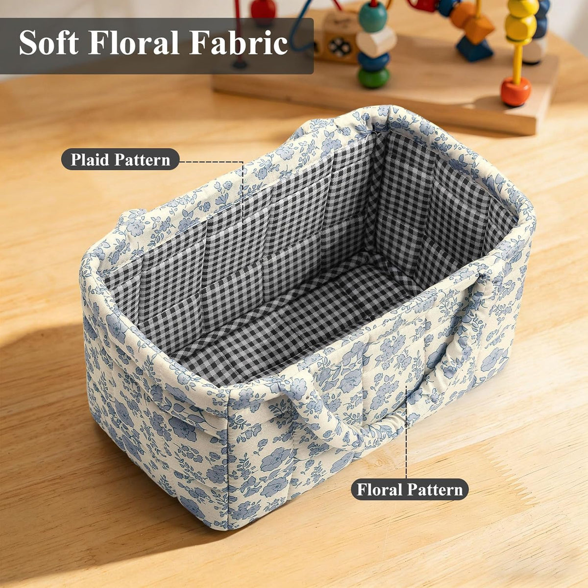Small Storage Basket Organizer, Mini Fabric Floral Storage Baskets with Handle, Quilted Portable Collapsible Storage (Blue Floral)