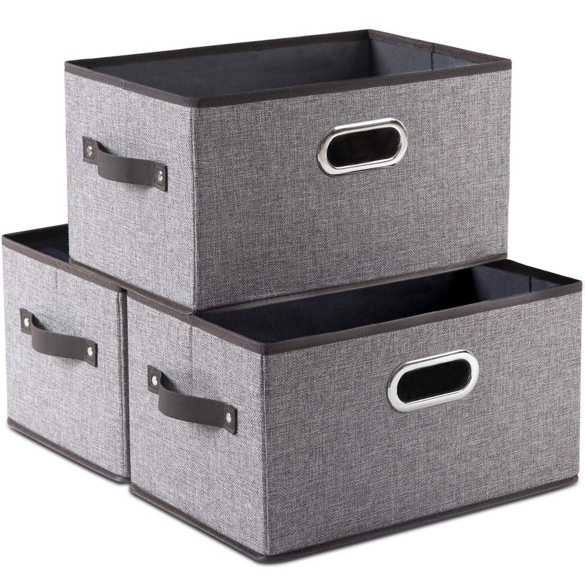 PRANDOM Large Foldable Storage Bins for Shelves [3-pack] Decorative Linen Fabric Storage Baskets Cubes with Leather/Metal Handles for Closet Nursery Office Grey and Black Trim (14.9x9.8x8.3 Inch)