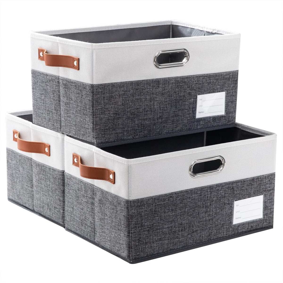 PRANDOM Large Foldable Storage Bins for Shelves [3-pack] Decorative Linen Fabric Storage Baskets Cubes with Leather/Metal Handles for Closet Nursery Office Grey and Black Trim (14.9x9.8x8.3 Inch)