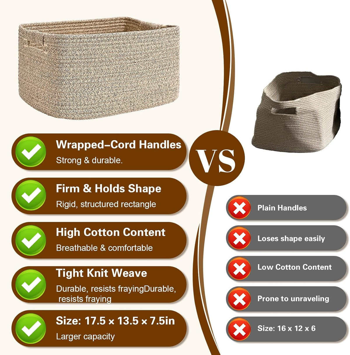 2 Pack Large Storage Basket for Organizing, 17.5"x13"x7" Woven Basket for Shelves, Closet Cube Storage Bins with Wrapped Handle, Cotton Rope Baskets for Kitchen, Clothes, Toys (Natural)