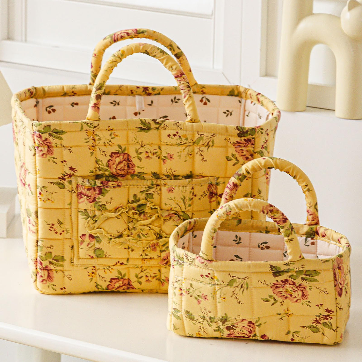 vctops 2 Pack Boho Fabric Quilted Storage Baskets for Organizing, Basket Organizer Gift Basket with Handles, Storage Bins for Toys, Books, Towels, and Clothes, Collapsible Fabric(Floral A)