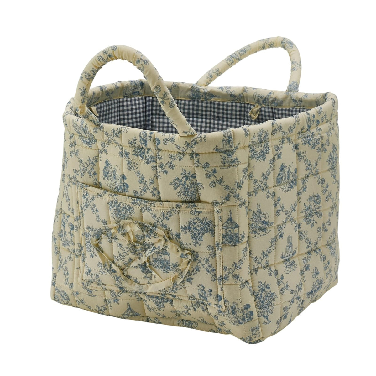 Quilted Fabric Storage Basket with Handles & Pocket, Foldable Laundry Hamper Boho Floral Print Organizer Bin for Home, Picnic, Office 12"x10"x10" (A-1)