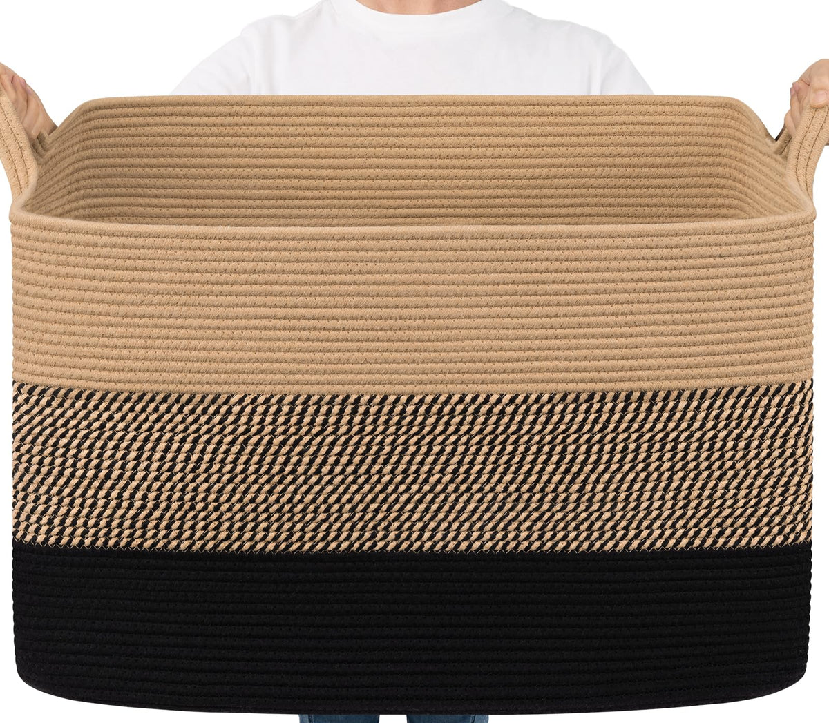 Goodpick Large Woven Rope Blanket Basket, Rectangle, White & Light Brown